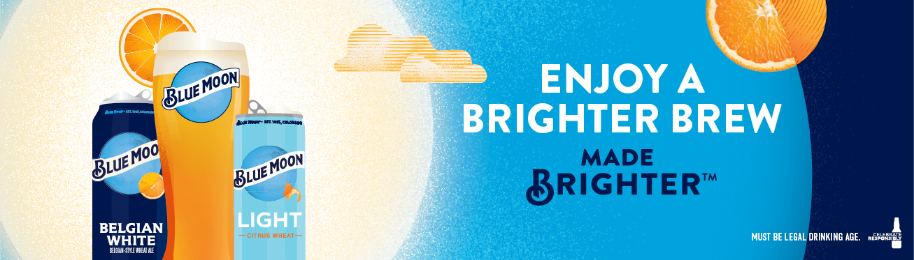 enjoy a brighter brew text banner with blue moon cans on a side