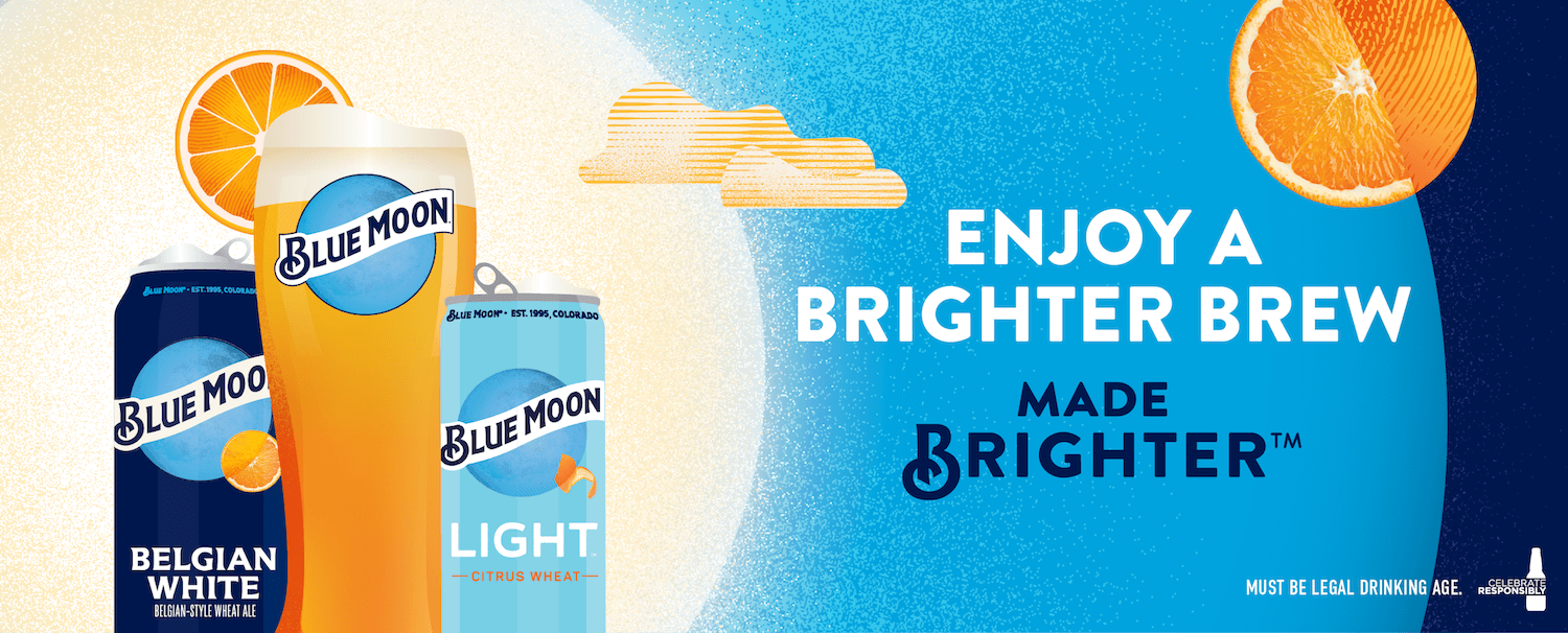 enjoy a brighter brew text banner with blue moon cans on a side